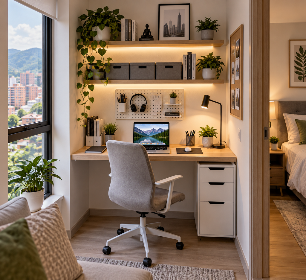 Compact home office with smart storage in a small apartment