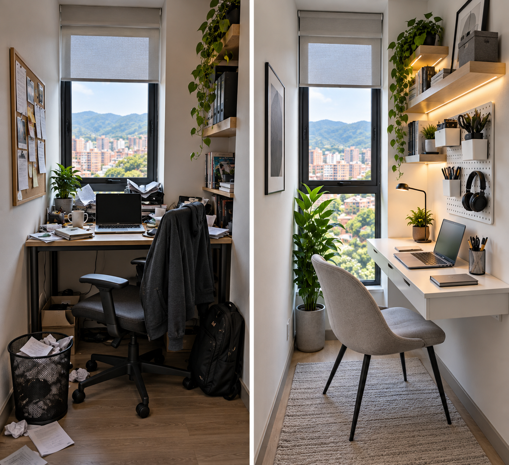 Compact home office before and after organization