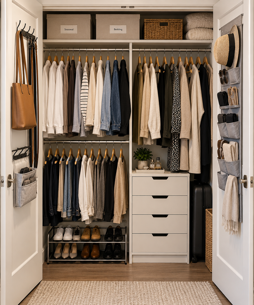 Maximize closet storage with double hanging rods and upper shelves