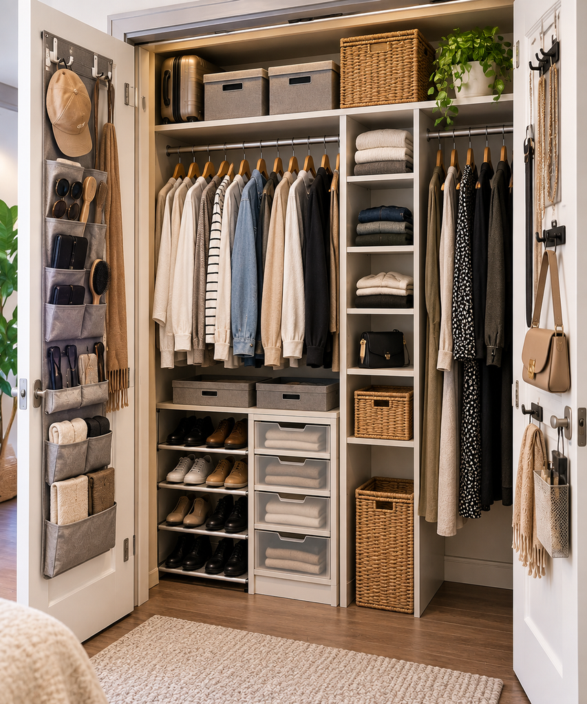 Maximize closet storage using doors, shelves and vertical organizers