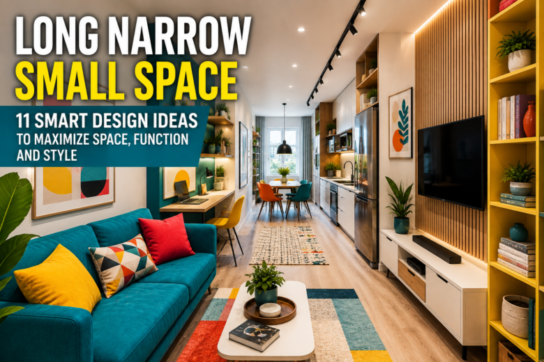 Modern long narrow small space with colorful multifunctional living areas