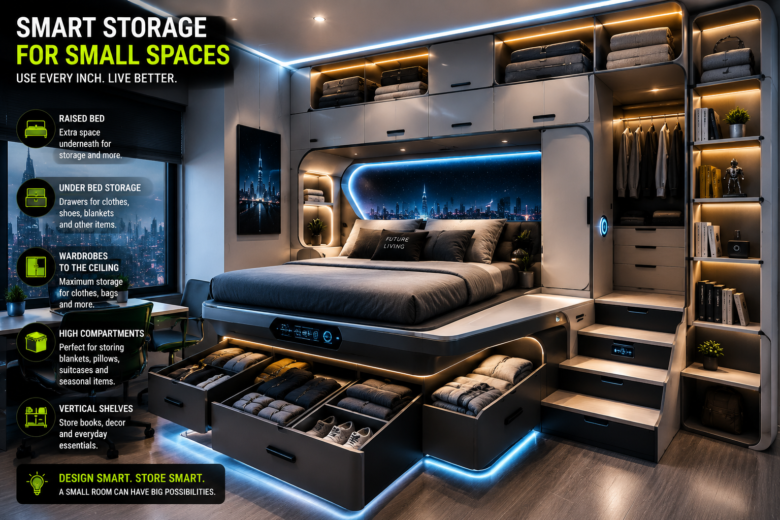 Futuristic small bedroom storage with raised bed, drawers, ceiling wardrobes, and vertical shelving