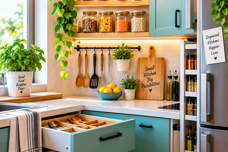 Smart storage ideas for small kitchens with colorful space-saving organization