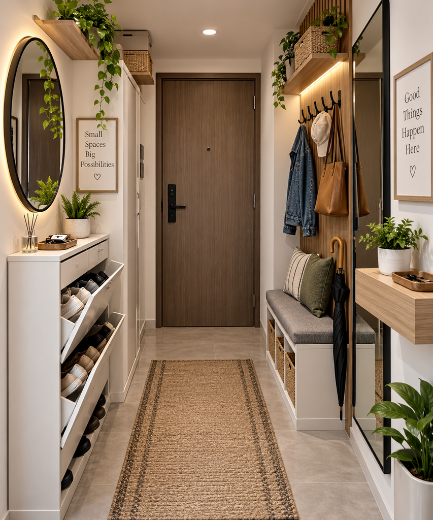 Small apartment entryway storage ideas with slim shoe cabinets, wall hooks, shelves, mirror and space-saving organization