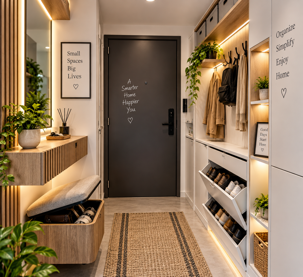 Modern small apartment entryway storage ideas with hidden shoe cabinets, floating storage, hooks and space-saving solutions