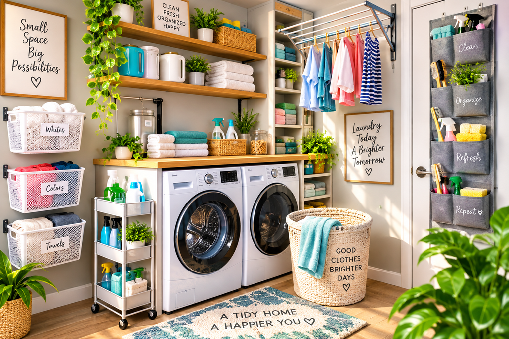 Colorful small apartment laundry storage ideas with shelves, baskets and space-saving organizers