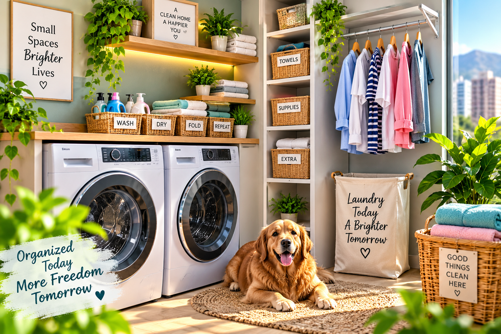 Small apartment laundry storage ideas with organized baskets, shelves and compact laundry solutions