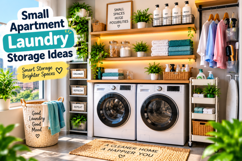 Small apartment laundry storage ideas with shelves, baskets and space-saving organization