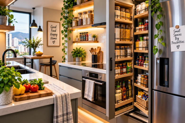 Small apartment pantry ideas with smart storage solutions in a modern small kitchen